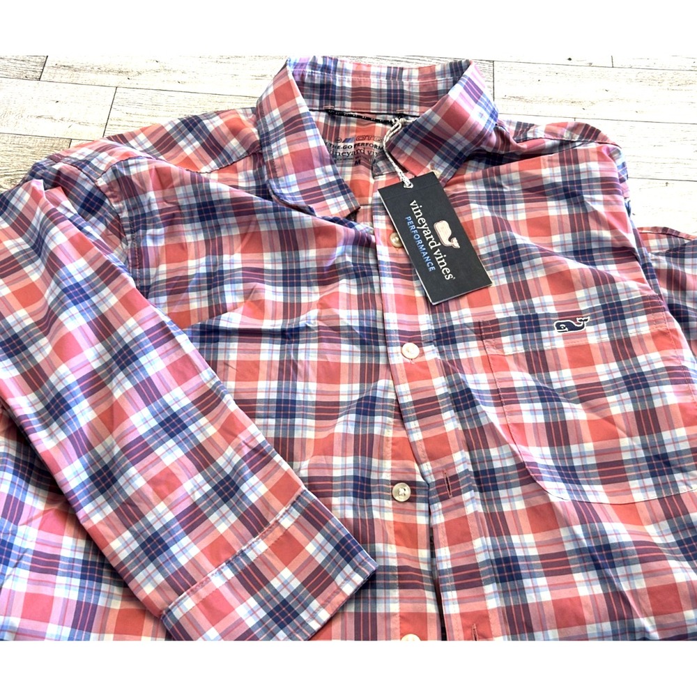 NWT Vineyard Vines Performance Lobster Reef Plaid On The Go LS Whale Polo MEDIUM